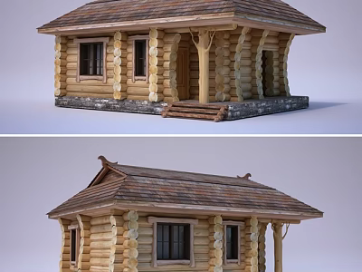Rustic Log Cabin Exterior With Wooden Roof Windows And Stone Base 3d model