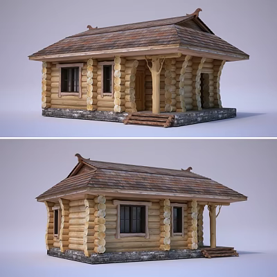 Rustic Log Cabin Exterior With Wooden Roof Windows And Stone Base 3d model