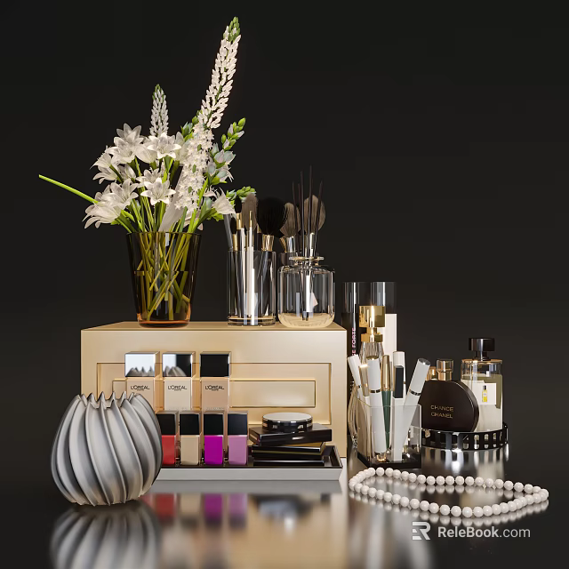 Chic Perfume Cosmetics Display With Makeup Brushes Lipsticks Jewelry And Flower Vase 3d model 