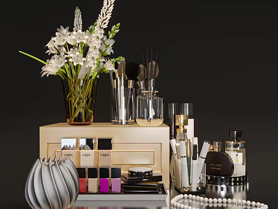 Chic Perfume Cosmetics Display With Makeup Brushes Lipsticks Jewelry And Flower Vase 3d model
