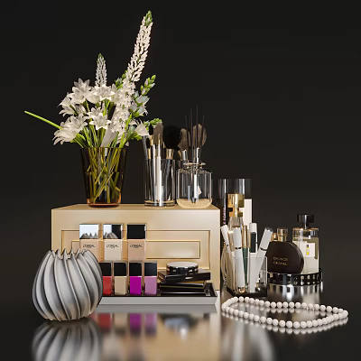 Chic Perfume Cosmetics Display With Makeup Brushes Lipsticks Jewelry And Flower Vase 3d model