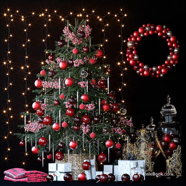 Christmas Tree Decorative Ornament Set With Red Dark Balls Wreath And String Lights 3d model 