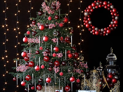 Christmas Tree Decorative Ornament Set With Red Dark Balls Wreath And String Lights 3d model