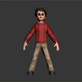 Man with red sweater khaki pants black shoes and glasses standing against gray background reflection