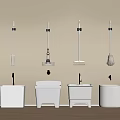 Bathroom Accessories with Mop Broom Cleaning Tools and White Buckets on Beige Wall Wooden Floor