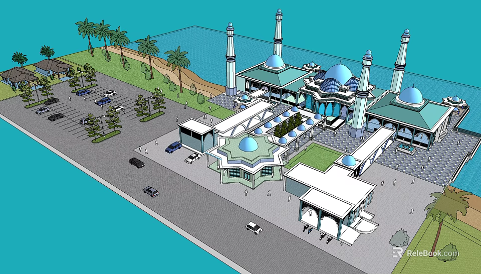 European Style Architecture With Domed Roofs Towers Palm Trees And Waterfront View 3d model 