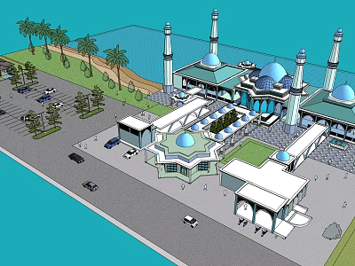 European Style Architecture With Domed Roofs Towers Palm Trees And Waterfront View 3d model