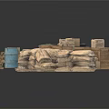 Essential Household Supplies Collection with Wooden Crates Canvas Sacks Metal Barrels and Trolley