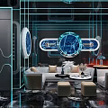 Luxury KTV Interior With Blue Neon Lights Circular Screens And Leather Seats