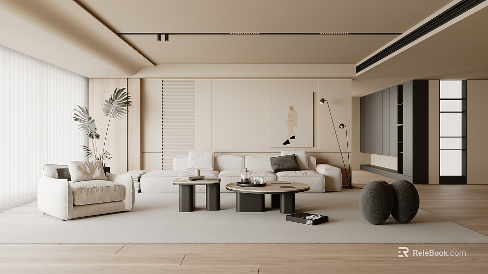 Modern Neutral Living Room Interior With Beige Sofa Coffee Tables Floor Lamps And Palm Plant 3d model 