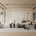 Modern Neutral Living Room Interior With Beige Sofa Coffee Tables Floor Lamps And Palm Plant