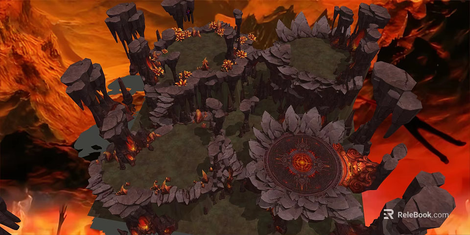 Stone and Wood Platforms Amidst Volcanic Terrain with Lava Flows and Rock Formations 3d model 