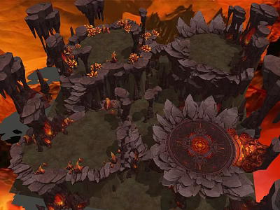 Stone and Wood Platforms Amidst Volcanic Terrain with Lava Flows and Rock Formations 3d model