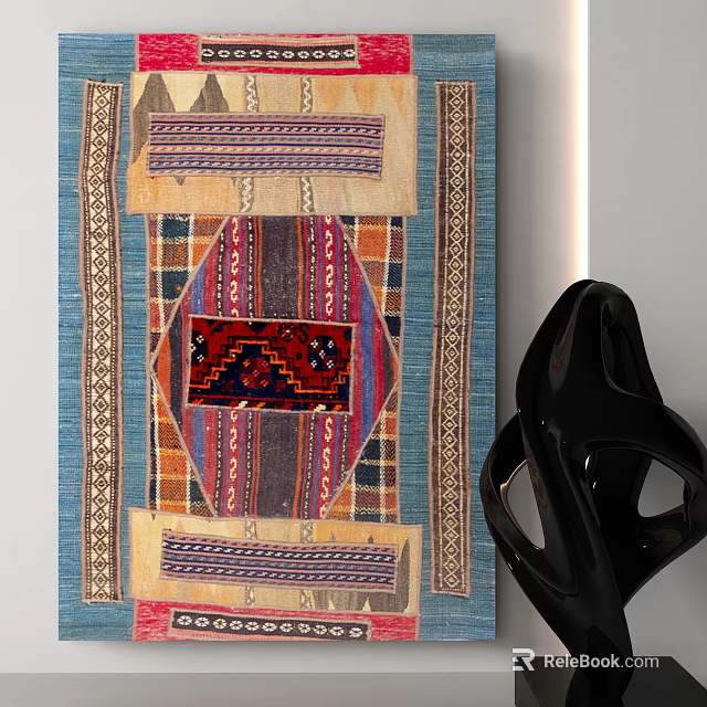 Square Rug Featuring Vibrant Geometric Patterns in Blue Red Brown Traditional Design 3d model 