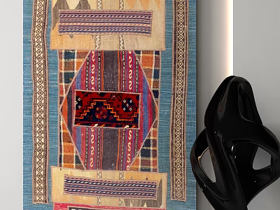 Square Rug Featuring Vibrant Geometric Patterns in Blue Red Brown Traditional Design 3d model