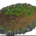 Circular Water Fountain With Stone Border Lily Pads Pink Lotus Flowers And Koi Fish