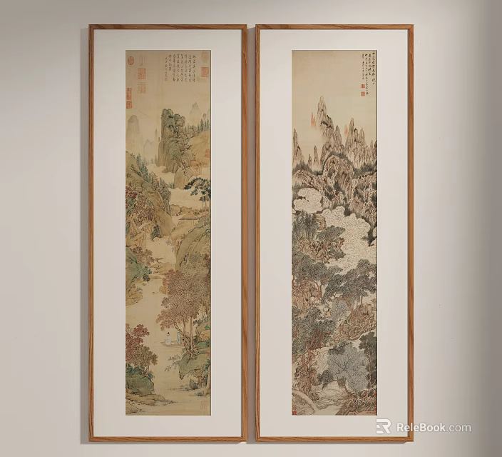 Traditional Chinese Landscape Paintings On Vertical Scrolls With Mountain And Tree Scenes 3d model 