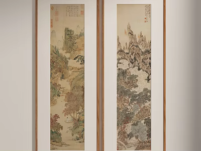 Traditional Chinese Landscape Paintings On Vertical Scrolls With Mountain And Tree Scenes 3d model
