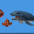 Two Orange Clownfish And A Blue Shark Swimming In Underwater Scene