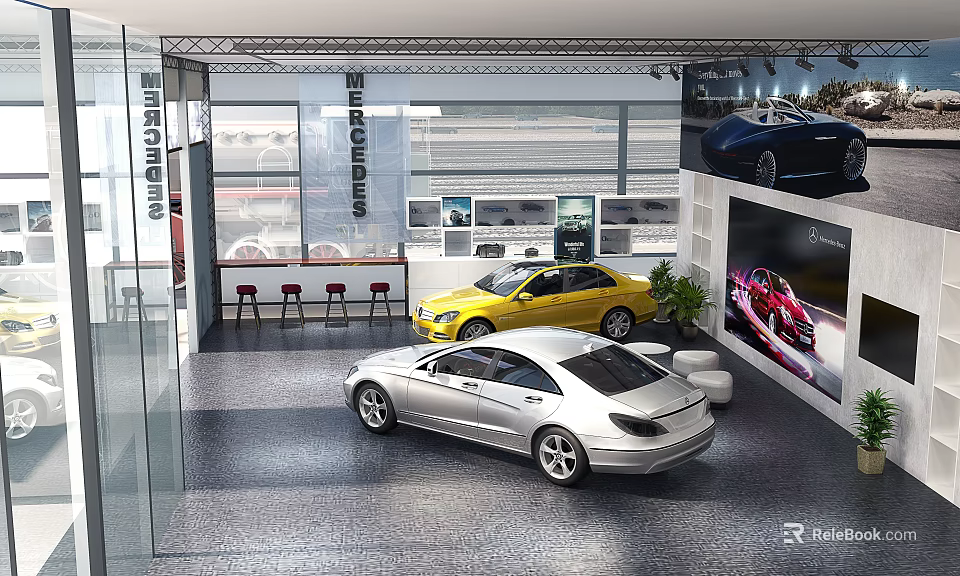 Modern Car Showroom Featuring Glass Facade Yellow Silver Cars Posters Red Bar Stools And Windows 3d model 