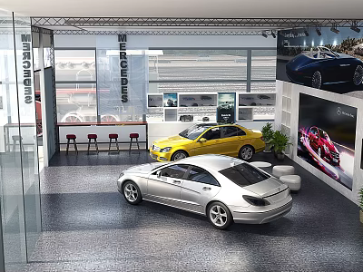 Modern Car Showroom Featuring Glass Facade Yellow Silver Cars Posters Red Bar Stools And Windows 3d model