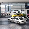 Modern Car Showroom Featuring Glass Facade Yellow Silver Cars Posters Red Bar Stools And Windows