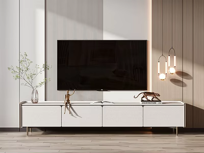 Modern White TV Stand With Flat Screen TV Decorative Vase And Hanging Lights In Living Room 3d model