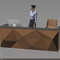 Modern Brown Reception Desk With Geometric Pattern Design Computer Monitor And Chair Interior