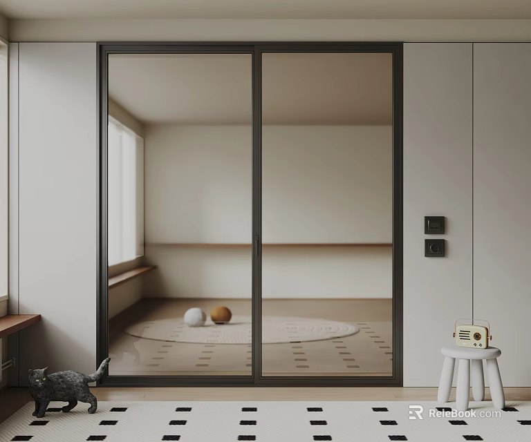 Black Framed Glass Sliding Door In Modern Minimalist Interior With White Cabinets 3d model 