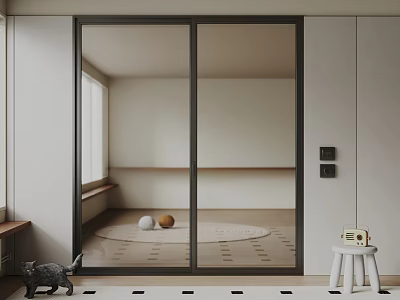 Black Framed Glass Sliding Door In Modern Minimalist Interior With White Cabinets 3d model