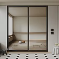 Black Framed Glass Sliding Door In Modern Minimalist Interior With White Cabinets