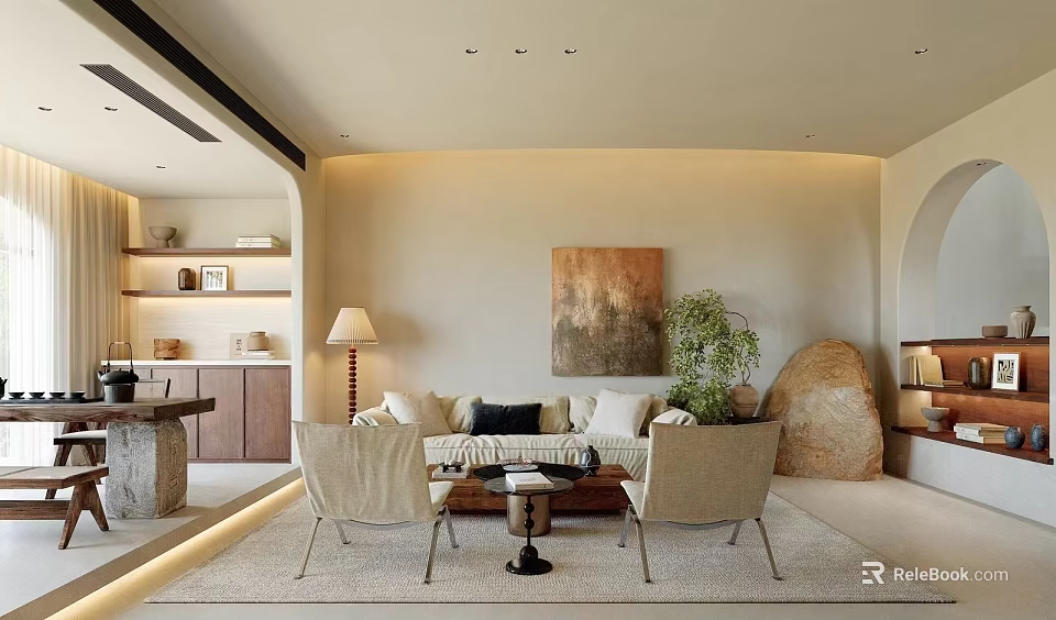 Modern Living Dining Room Interior With Sofa Chairs Coffee Table Artwork Plant And Stone Decor 3d model 