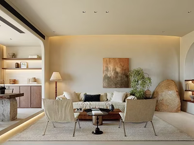 Modern Living Dining Room Interior With Sofa Chairs Coffee Table Artwork Plant And Stone Decor 3d model
