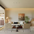 Modern Living Dining Room Interior With Sofa Chairs Coffee Table Artwork Plant And Stone Decor