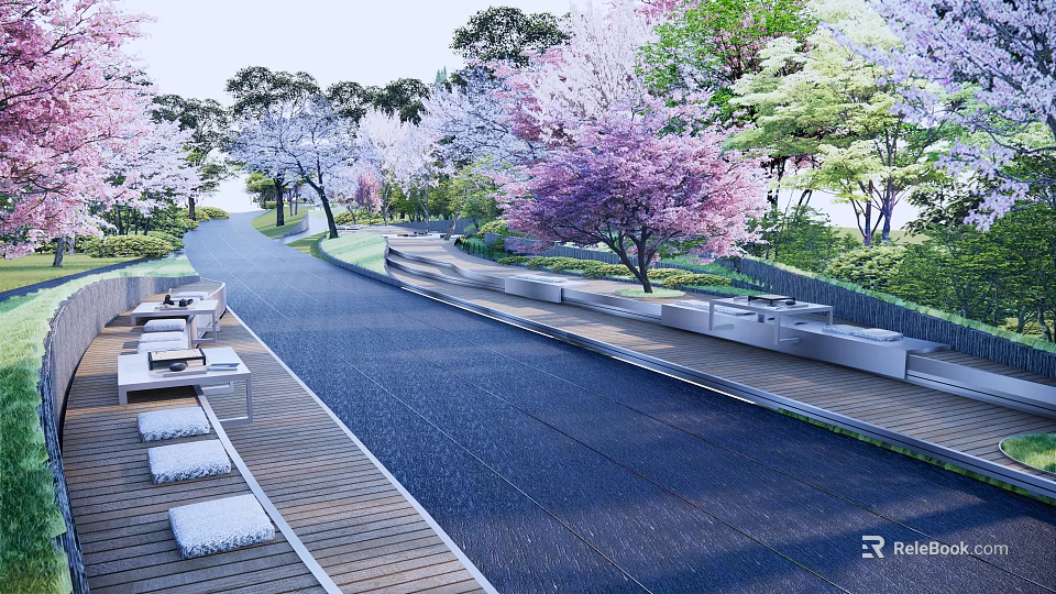 Beautiful Park Landscape With Scenic Pathway Colorful Flowering Trees And Wooden Benches 3d model 