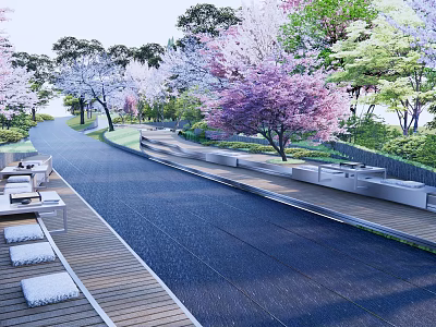 Beautiful Park Landscape With Scenic Pathway Colorful Flowering Trees And Wooden Benches 3d model