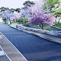 Beautiful Park Landscape With Scenic Pathway Colorful Flowering Trees And Wooden Benches