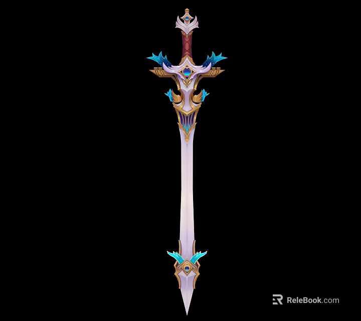 Ornate Decorative Sword With Blue Feather Accents On Hilt And Gemstone Blade 3d model 