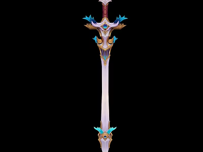Ornate Decorative Sword With Blue Feather Accents On Hilt And Gemstone Blade 3d model