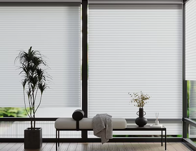 Window Blinds in Modern Interior with Bench Potted Plant and Natural Light 3d model