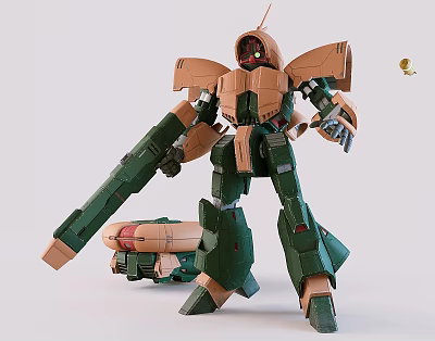 Green and Brown Mecha Robot Model with Arm Cannon and Mechanical Joints 3d model