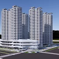 Modern High Rise Residential Buildings with Green Roofs and Surrounding Urban Roads