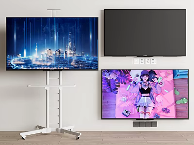 Televisions On Stand Displaying Cityscape Black Screen And Anime Character Screens 3d model