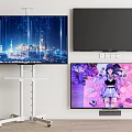 Televisions On Stand Displaying Cityscape Black Screen And Anime Character Screens
