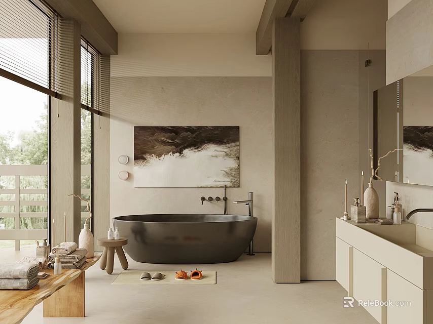 Serene Modern Bathroom With Black Bathtub Large Windows Wall Artwork Wooden Stool And Vanity 3d model 