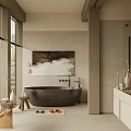 Serene Modern Bathroom With Black Bathtub Large Windows Wall Artwork Wooden Stool And Vanity