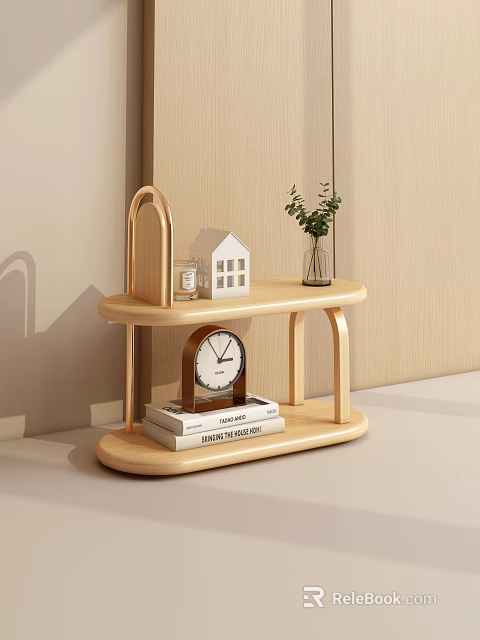 Light Wood Two Tiered Storage Shelf With Books Clock Plant And Mini House Model 3d model 