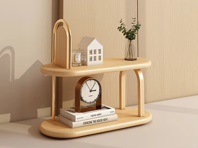Light Wood Two Tiered Storage Shelf With Books Clock Plant And Mini House Model 3d model
