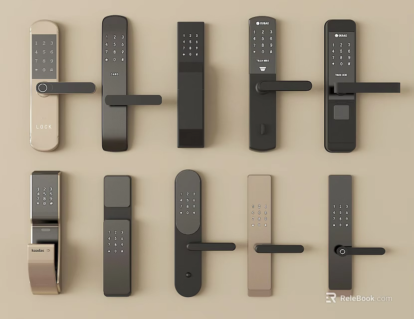 Various Smart Door Locks With Digital Keypads And Modern Handles In Different Colors 3d model 