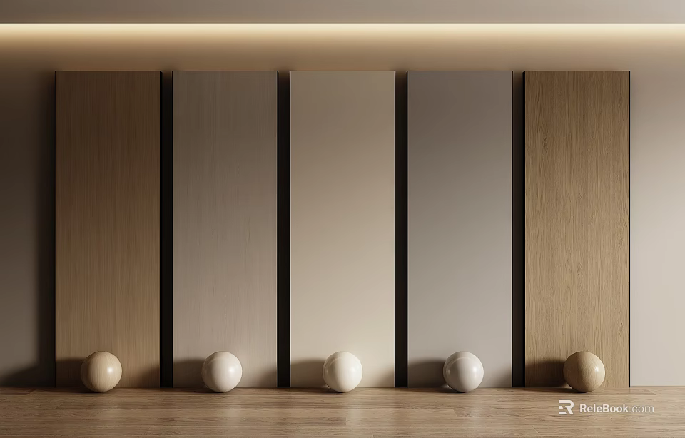 Modern Interior Design With Various Colored Wooden Wall Panels And Decorative Balls 3d model 